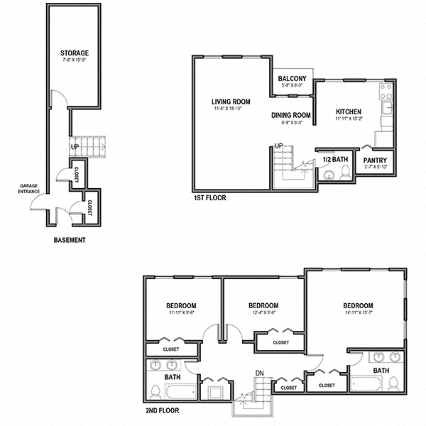 Floor plan for 3 beds, 2.5 baths, 1409 sqft